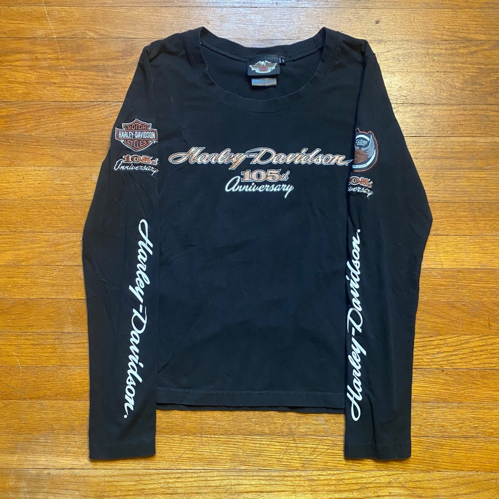 Harley Davidson 105th Anniversary Long Sleeve Graphic T-Shirt Black Womens Small - Picture 1 of 7